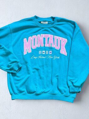 Montauk Sweatshirt Pink & Blue Chenille Lettering | Coastal Grandma Youth XL